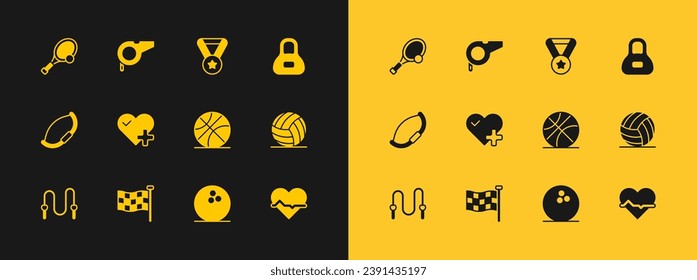 Ponga peso, bandera de cuadros, baloncesto, boliche, ritmo cardíaco, medalla, raqueta de tenis con y icono de silbido. Vector
