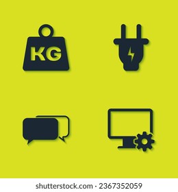 Set Weight, Computer monitor and gear, Chat and Electric plug icon. Vector