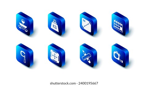 Fijar peso, medida diagonal, calendario, construcción de ruleta, regla y lápiz cruzados, medida de área, icono de micrómetro y escalas. Vector