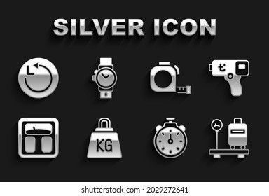 Poner peso, Termómetro digital, Escalar con maleta, Stopwatch, báscula de baño, construcción de ruleta, icono Radio y muñeca. Vector