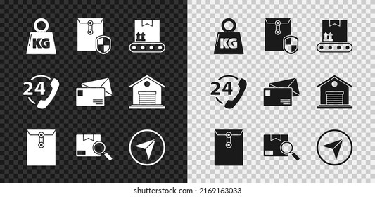 Set Weight, Envelope with shield, Conveyor belt cardboard box, Search package, Infographic of city map navigation, Telephone 24 hours support and  icon. Vector