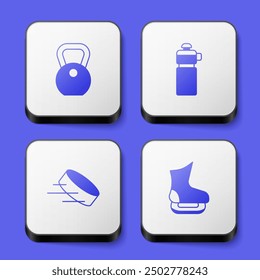 Set Weight, Fitness shaker, Hockey puck and Skates icon. White square button. Vector