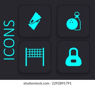 Set Weight, Flippers for swimming, Bowling pin and ball and Volleyball net icon. Black square button. Vector