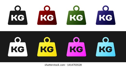Set Weight icon isolated on black and white background. Kilogram weight block for weight lifting and scale. Mass symbol. Vector Illustration