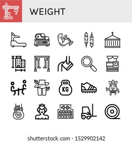 Set of weight icons. Such as Crane, Fitness, Scale, Dumbbell, Feathers, Measure, Gym equipment, Heavy, Active, Slimming belt, Seesaw, Diet, Kettlebell, Trainers , weight icons