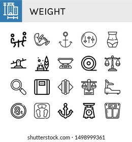 Set of weight icons such as Measure, Seesaw, Dumbbell, Anchor, Equalizer, Waist, Feather, Scale, Medical tape, Balance, Active, Bathroom scale, Hot dog, Fitness, Weight , weight