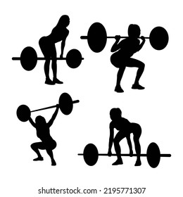 Set of weight lifter woman, abstract isolated vector silhouette on white background