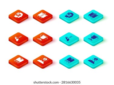 Set Weight loss, Mountains with flag, Hand holding coin money, Award cup, Target dollar and Head puzzles strategy icon. Vector