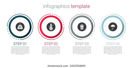 Set Weight, Meteorology thermometer, Trash can and Delivery package with umbrella. Business infographic template. Vector