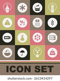 Set Weight, Microwave oven, Wheat, Hand wash laundry, QR code, Exclamation mark in triangle, Test tube flask and Temperature icon. Vector