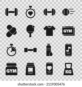 Set Weight, Music player, Online fitness and training, Dumbbell, Racket ball, Sports nutrition,  and T-shirt icon. Vector