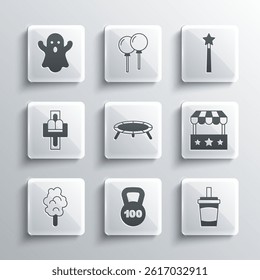 Set Weight, Paper glass with water, Ticket box office, Jumping trampoline, Cotton candy, Attraction carousel, Ghost and Magic wand icon. Vector