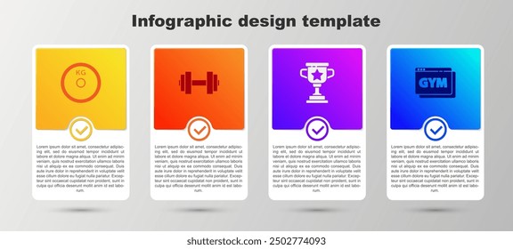Set Weight plate, Dumbbell, Award cup and Online fitness and training. Business infographic template. Vector