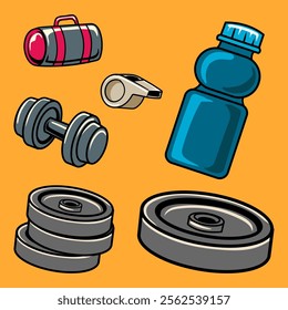 Set of Weight Plate, Dumbbell Sport Gym Bodybuilding Equipment in Cartoon Vector Illustration