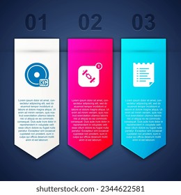 Set Weight plate, Fitness app and Sport training program. Business infographic template. Vector