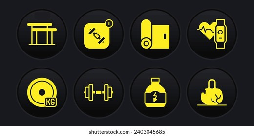 Set Weight Teller, Smart Uhr mit Herz, Dumbell, Sport Ernährung, Fitness Matte Roll, App, gebrochenes Gewicht und Uneven Bars Icon. Vektorgrafik