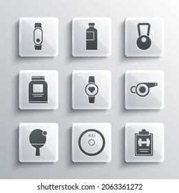Set Weight plate, Sport training program, Whistle, Smartwatch, Racket and ball, Sports nutrition,  and Kettlebell icon. Vector