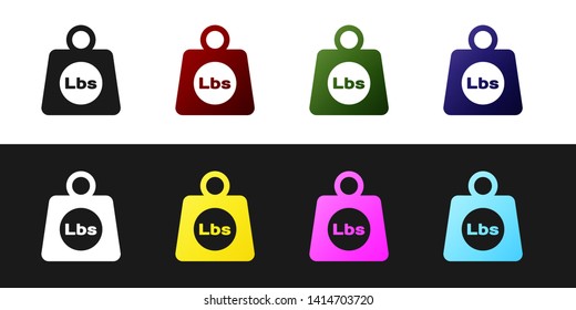 Set Weight pounds icon isolated on black and white background. Pounds weight block for weight lifting and scale. Mass symbol. Vector Illustration