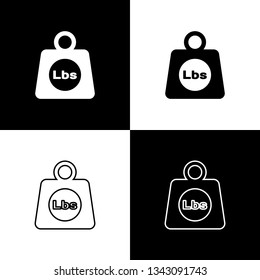 Set Weight pounds icons isolated on black and white background. Pounds weight block for weight lifting and scale. Mass symbol. Line, outline and linear icon. Vector Illustration