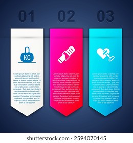 Set Weight, Protein sport bar and Dumbbell with heart. Business infographic template. Vector