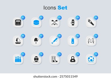 Set Weight, Racket, Hockey puck, Bowling pin, Soccer football ball, Jump rope, Sport mechanical scoreboard and Baseball bat with icon. Vector