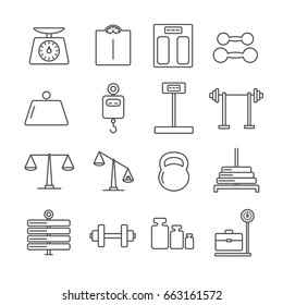 Set of weight Related Vector Line Icons. Includes such Icons as kettle-bell, dumbbell, barbell, weights, kilogram, gram