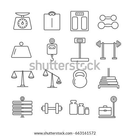Set of weight Related Vector Line Icons. Includes such Icons as kettle-bell, dumbbell, barbell, weights, kilogram, gram