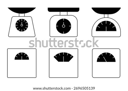 Set of weight scale icon symbol pictogram. Weight loss, healthcare, sports, fitness symbol. Weighting scale icon vector thin outline and silhouette vector. 
