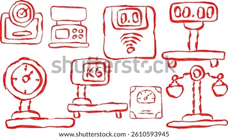 Set of Weight Scale icons in doodle style. hand drawn icon of kilogram, machine, measurement, scale