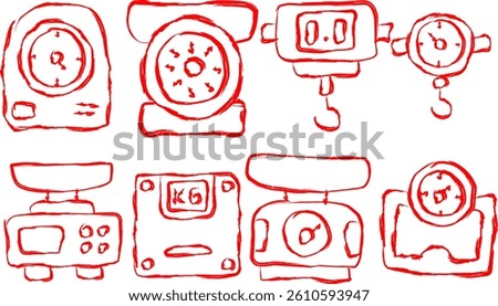 Set of Weight Scale icons in doodle style. hand drawn icon of kilogram, machine, measurement, scale