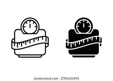 A set of weight scale and measuring tape icons in both outline and solid styles, representing health, fitness, and weight management concepts, isolated on a white background.