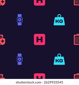 Definir peso, configuração Smartwatch, hospital e área de transferência com seguro médico em padrão perfeito. Vetor