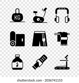 Set Weight, Stationary bicycle, Headphones, Sports nutrition, Protein sport bar, Treadmill machine, Fitness mat roll and Short pants icon. Vector