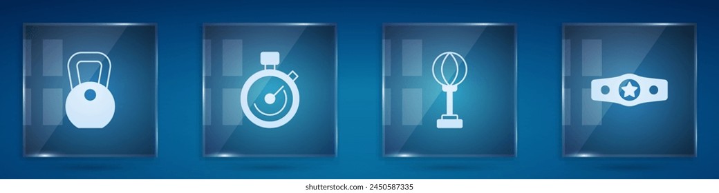 Set Weight, Stopwatch, Punching bag and Boxing belt. Square glass panels. Vector