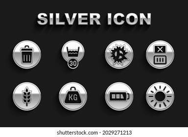 Fijar peso, lavado de temperatura, sol, batería, trigo, explosión de bomba, lata de basura e icono. Vector