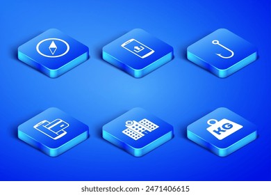 Set Weight, Wind rose, Medical hospital building, NFC Payment, Smartphone with upload and Fishing hook icon. Vector