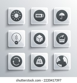 Set Weight, Worldwide, Hand wash laundry, Carton cardboard box, Recycle symbol, Gluten free grain, Sun and Delivery package with umbrella icon. Vector