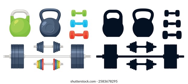 Set weights, dumbbells and barbells. Black silhouette. bodybuilding and fitness equipment. Graphic icons, emblems or logos design. Gum pictogram logotype. Vector cartoon flat illustration