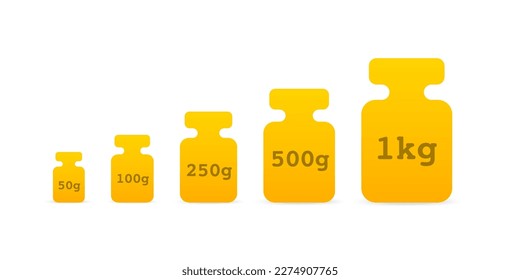 A set of weights for scales in the style of flat. calibration weights. Metal weights to determine weight. Instrument for Measurement Accuracy Mass. Vector illustration