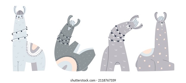 A set of weird Alpacas. Lamas stand, lie and look. Isolated on a white background. Vector illustration