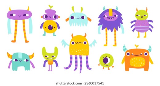 Un conjunto de monstruos coloridos y extraños. Colección de vectores de extrañas bestias amistosas para los niños. El bulto de los monstruos del doodle brillante.