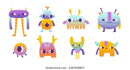 Set of weird colorful monsters. Vector collection of strange gradient beasts for kids. Bright doodle monsters bundle.