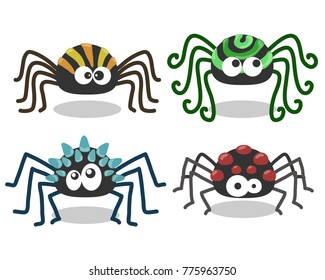 Set of weird and colorful spiders isolated on white background. Colorful spiders cartoon vector illustration. 