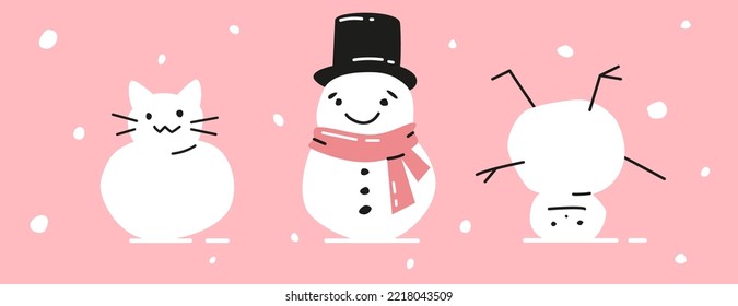 Un extraño muñeco de nieve lindo. Ilustración moderna de Navidad dibujada a mano. Cartel con graciosos personajes de invierno