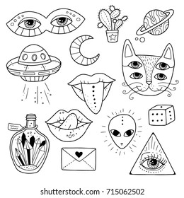 Set of weird and freaky alchemy symbols. Occult, magic, cosmos, psyche, witchcraft icons.