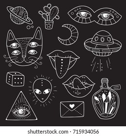 Set of weird and freaky alchemy symbols. Occult, magic, cosmos, psyche, witchcraft icons.