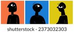 A set of weird square avatars on a bright background. Modern illustration with dynamic line and big eye. Contrast vector image 
