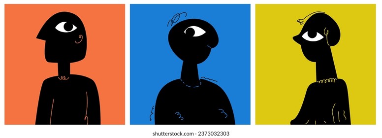 A set of weird square avatars on a bright background. Modern illustration with dynamic line and big eye. Contrast vector image 