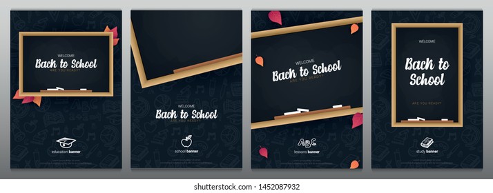 Set of Welcome Back to School banners with chalkboard and dark hand draw doodle background