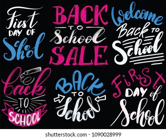 Set of Welcome back to school labels. Vector illustration. Hand drawn lettering badges.